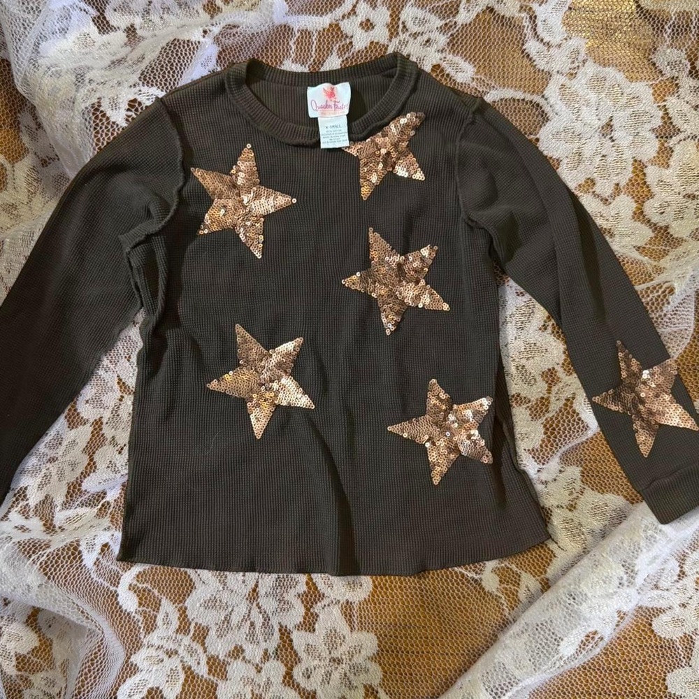 Quacker Factory Brown Sequin Star Thermal Top Y2K Cotton Waffle Knit XS